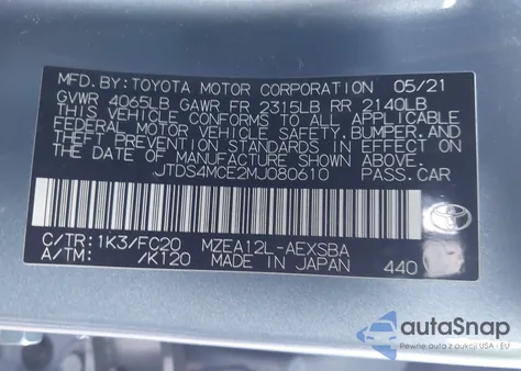 2021 Toyota Corolla Se из США, поврежденный, VIN JTDS4MCE2MJ080610